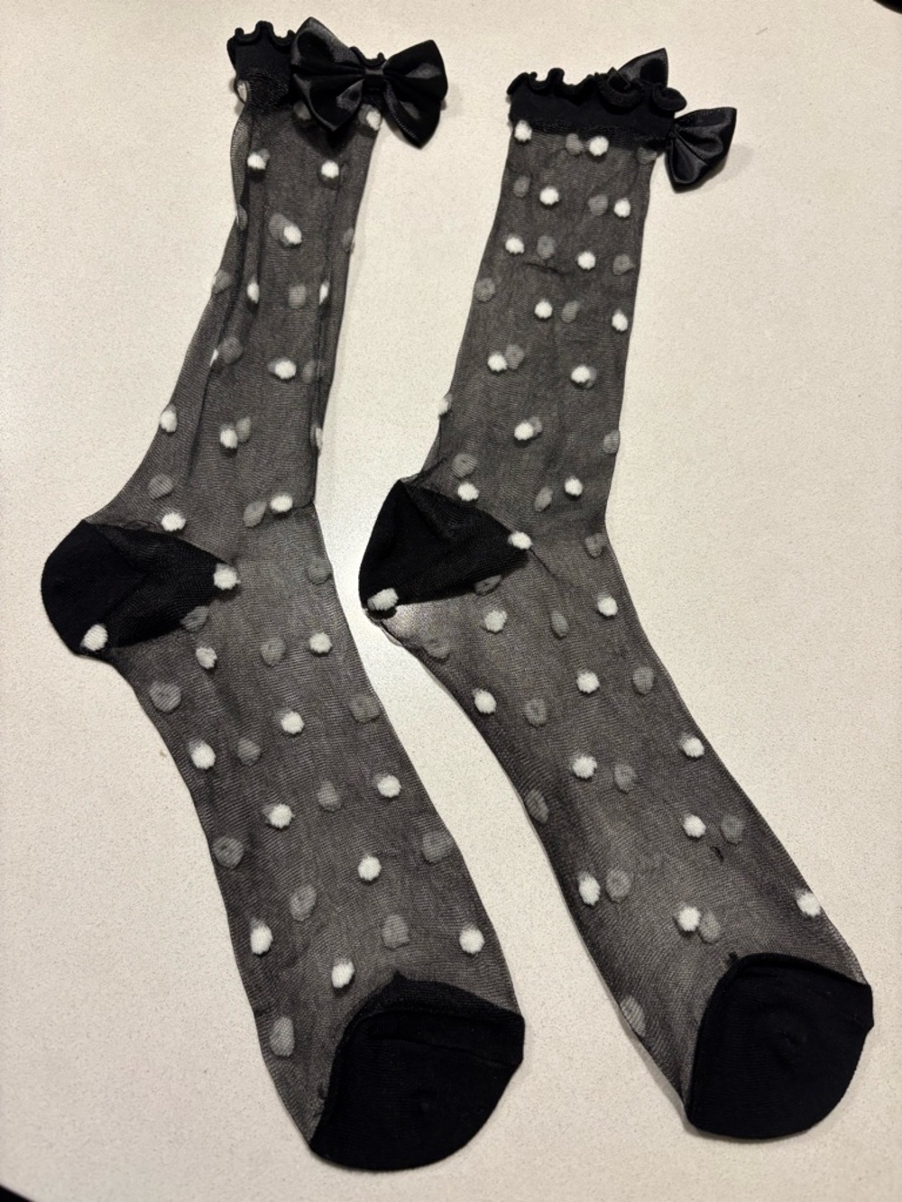 Sheer Black Polka Dot Crew Socks with Bow
